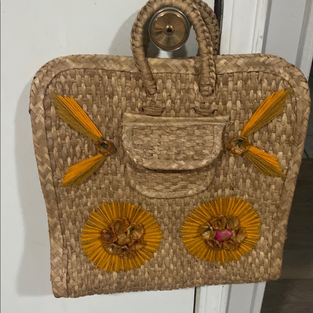 Vintage Vibrant Tan and Yellow Woven Tote with Sunflower Accents